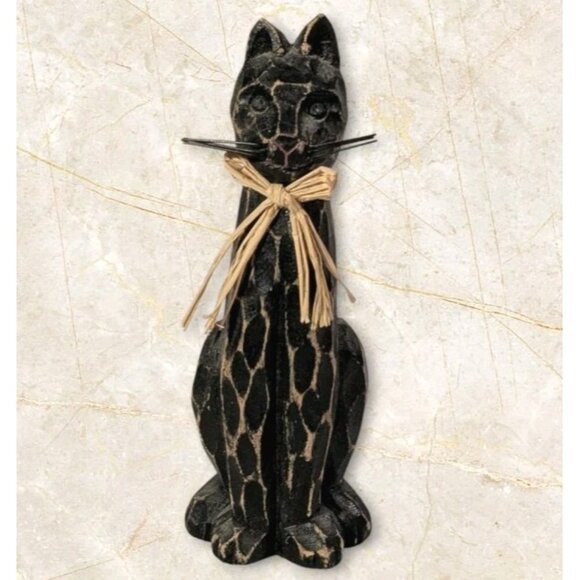 Hand Carved Cat Figure Wooden Black Rustic Distressed Folk Art Raffia Ribbon Vtg - Picture 1 of 16
